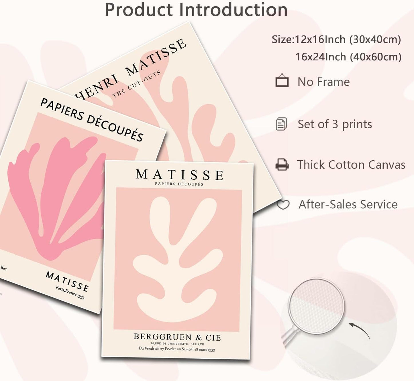 Julaydi Pink Matisse Wall Art Posters Set of 3 Abstract leaf Canvas Prints Minimalist Henri Matisse Painting Modern Pastel Aesthetic Decor Pictures for Living Room Bedroom Bathroom 16x24in Unframed