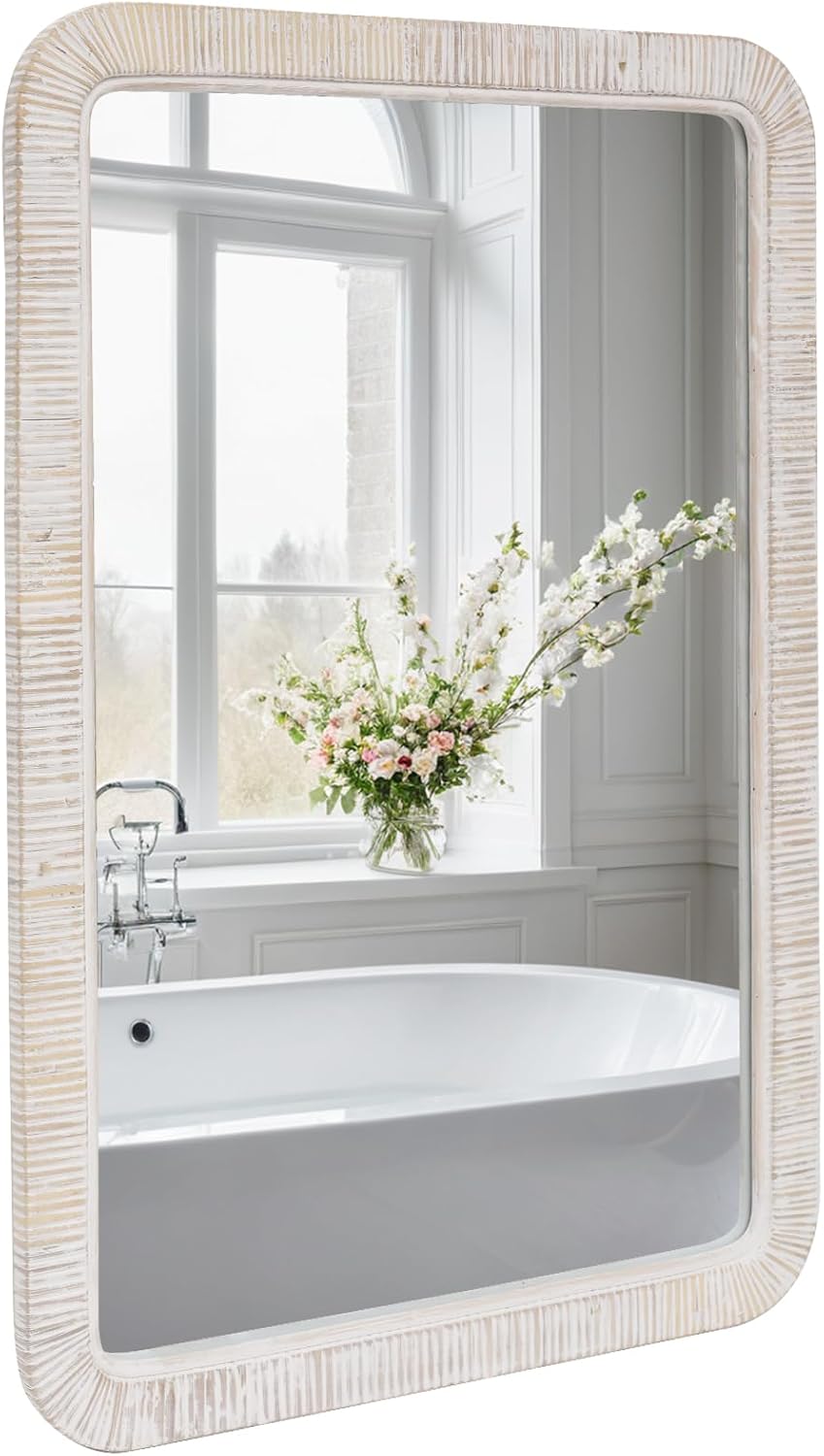 FUIN 20" x 30" Rattan Wicker Rectangle Wall Mounted Bathroom Mirror for Coastal Boho Nursery Decor, White Wash