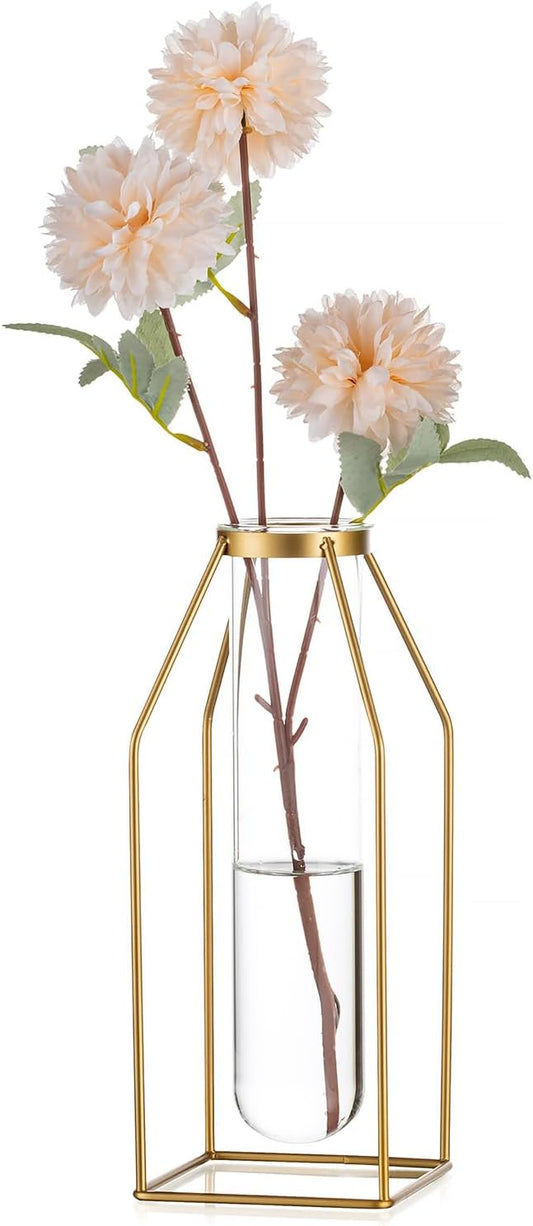 Sziqiqi Glass Propagation Station with Metal Frame - Gold Modern Geometric Square Vase for Plants, Room Decor, Office, Wedding