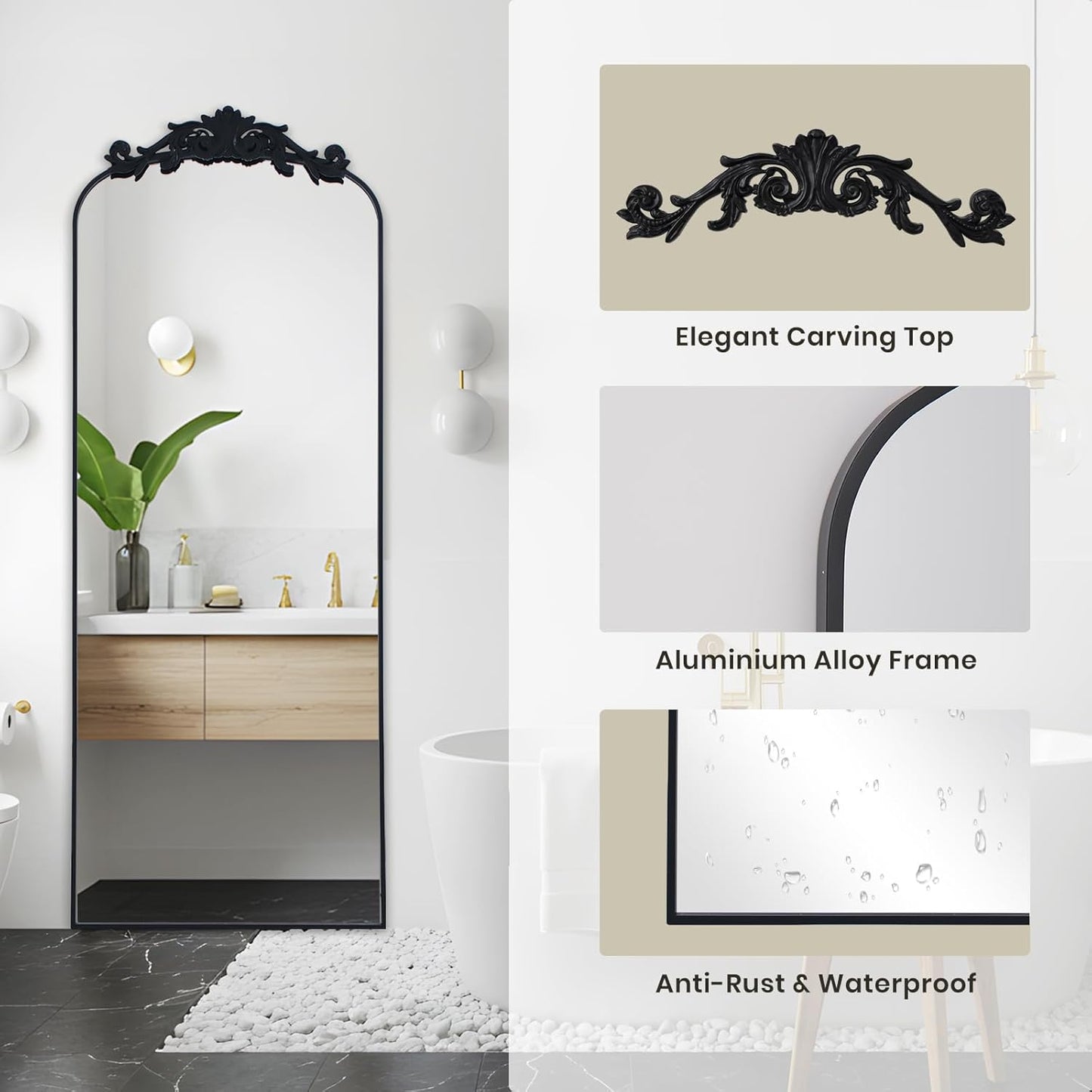 Filigree Floor Mirror 58"x18" Full Length Freestanding with Vintage Ornate Carved Applique Full Body Mirror Hanging Wall Mounted for Living Room Bedroom Retor Home Decor Mirror, Black