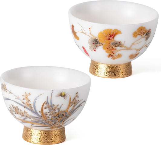 KAMMAK Ceramic Tea Cups Small, Cute Vintage Coffee Cup Set of 2, Porcelain Teacups Espresso Mug, 2.9oz Hand Painted Chinese Afternoon Tea Party Mugs, Birthday Gift for Women Men, High Footed