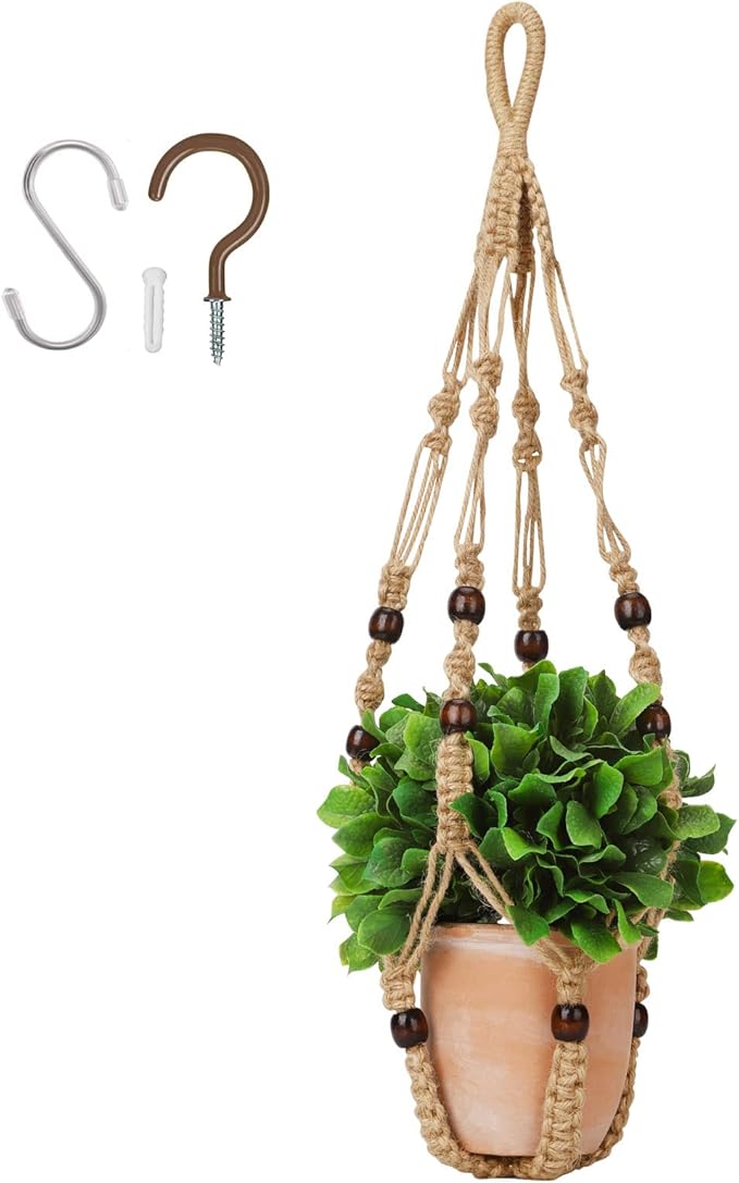 Macrame Plant Hanger 35", No Tassel Hanging Plant Holder, Sturdy Flower Pot Holder with 2 Hooks - Brown
