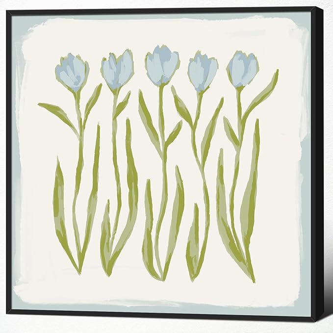 Tulip Flower Canvas Wall Art, Blue and Green Floral Aesthetic Poster, Watercolor Chinoiserie Art Print, Modern Southern Grandmillennial Botanical Picture Painting for Wall 12x12in Framed