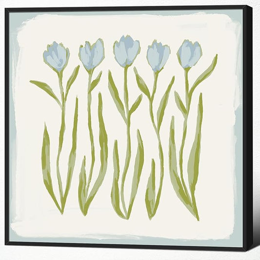 Tulip Flower Canvas Wall Art, Blue and Green Floral Aesthetic Poster, Watercolor Chinoiserie Art Print, Modern Southern Grandmillennial Botanical Picture Painting for Wall 12x12in Framed