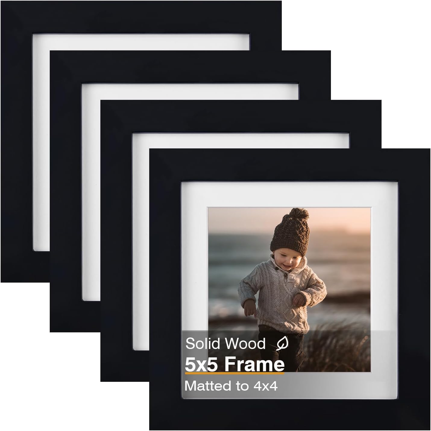 KINLINK 5x5 Picture Frame, Black Square Solid Wood Frames for Pictures 4x4 with Mat or 5x5 without Mat, Wall and Tabletop Display Photo Frames Black 4 Pack