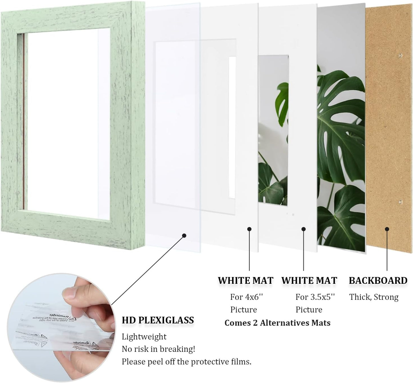 Egofine 5x7 Picture Frames Set of 4, Made of Solid Wood Covered by Plexiglass 3.5x5 and 4x6 with Mat or 5x7 without Mat, for Table Top Display and Wall Mounting Photo Frame Rustic Green