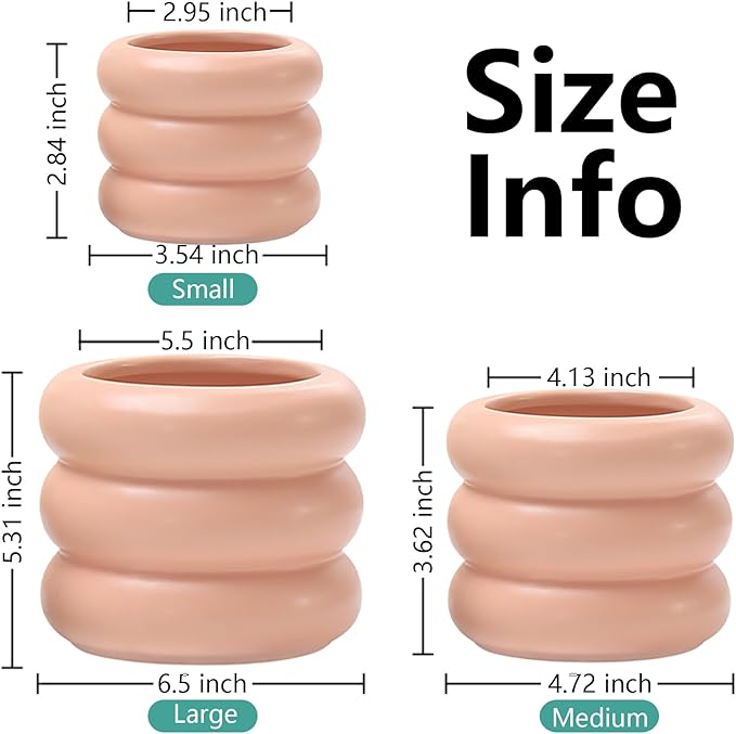 3 Piece Modern Ceramic Planter, 6.5/4.7/3.5 Inch Pink Plant Pot Set of 3 Unique Planters for Outdoor Indoor Flower Pots Plants with Drainage Holes Home & Office Decor with Mesh Pad