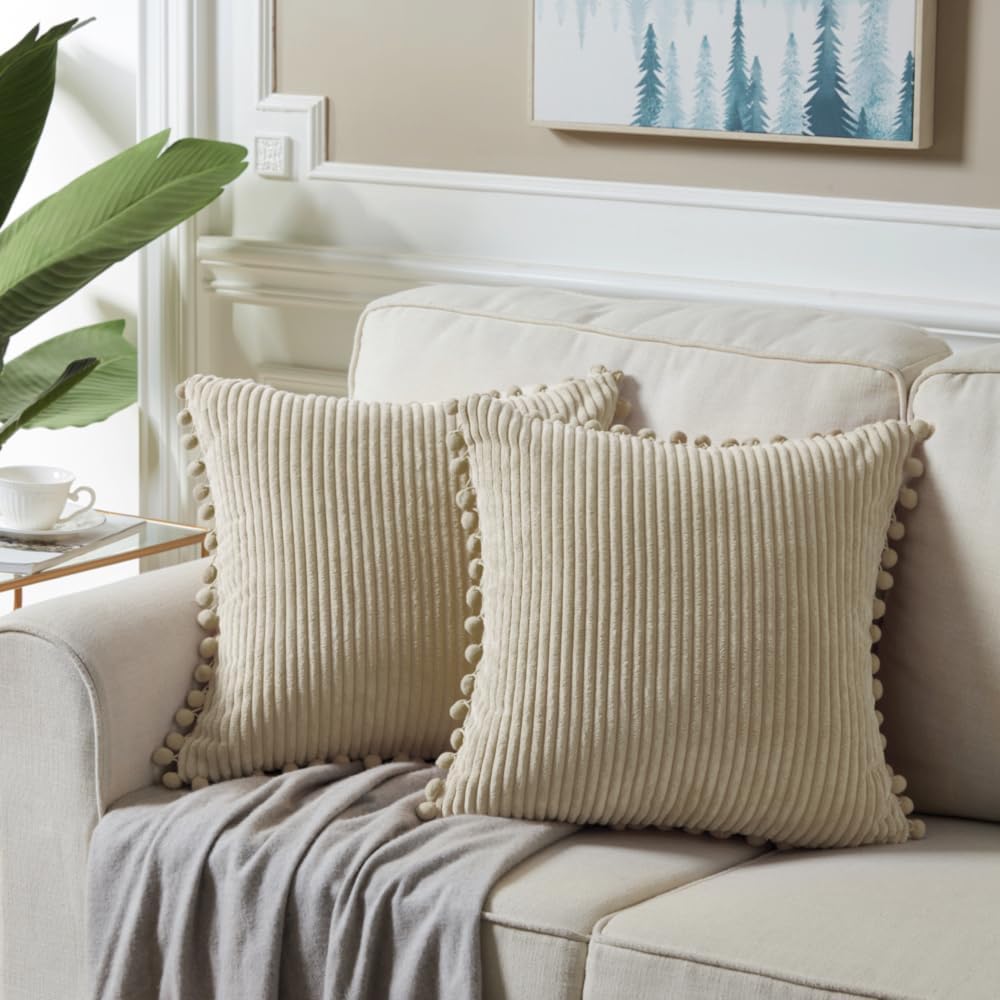 Fancy Homi 22x22 Pillow Covers, Pack of 2 Tan Throw Pillow Covers with Pom-poms, Super Soft Corduroy Square Solid Cushion Cover for Couch Sofa Bedroom Living Room 55x55 cm