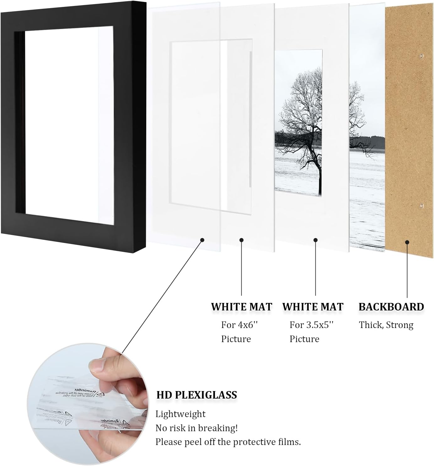 Egofine 4x6 Picture Frames Set of 4, Made of Solid Wood Covered by Plexiglass 3.5x5 with Mat or 4x6 without Mat, for Table Top Display and Wall Mounting Photo Frame Black
