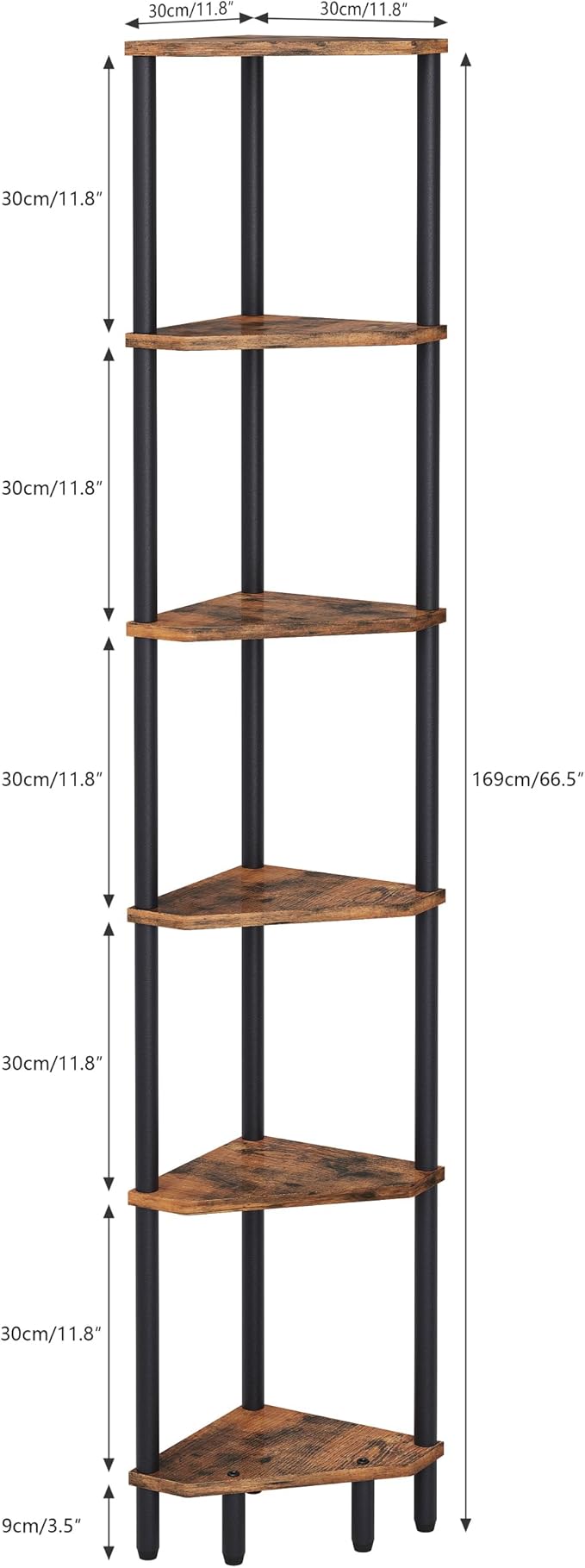 6 Tier Corner Shelf, 66.5'' Tall Standing Shelf, Narrow Display Shelf Stand, Modern Corner Bookshelf, Plant Stand, Corner Bookcase for Living Room, Bedroom, Bathroom, Rustic Brown LCS502R
