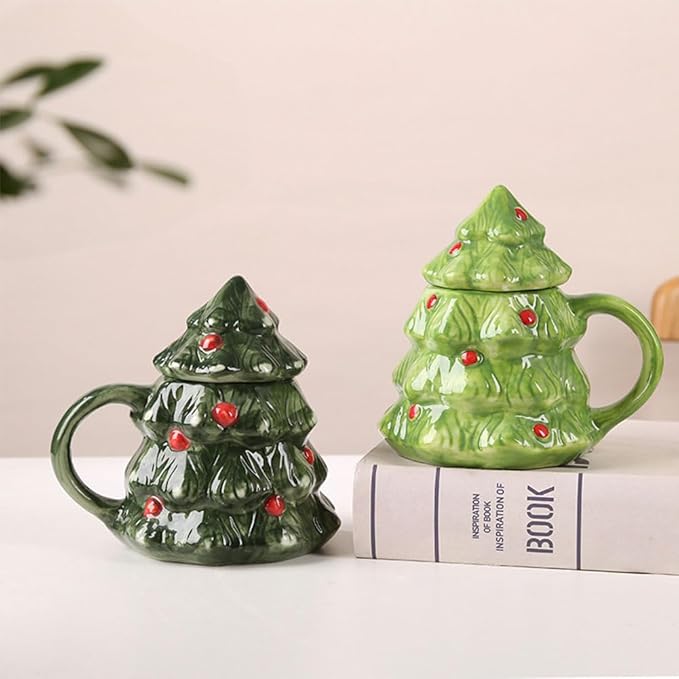 15oz Christmas Tree Mug with Lid Cute Ceramic Xmas Tree Coffee Mug Adorable Festive Ceramic Coffee Cup Winter Xmas Holiday Birthday Tabletop Drinkware Teacup Gifts for Adults Kids Women