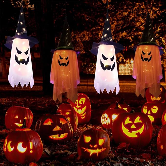 2PCS Hanging Lighted Glowing Ghost Witch Hat - 38 inch Length LED Decorations for Indoor/Outdoor Halloween Party Supplies