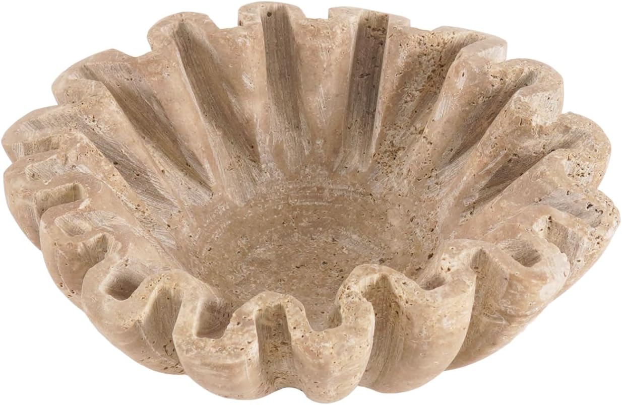 Marble Ruffle Bowl 6 Inch Handmade Travertine Small Decorative Key Bowl for Entryway Tables - Scalloped Bowls for Dining, Coffee Table Centerpieces & Home Decor
