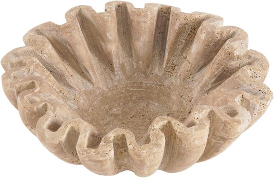 Marble Ruffle Bowl 6 Inch Handmade Travertine Small Decorative Key Bowl for Entryway Tables - Scalloped Bowls for Dining, Coffee Table Centerpieces & Home Decor
