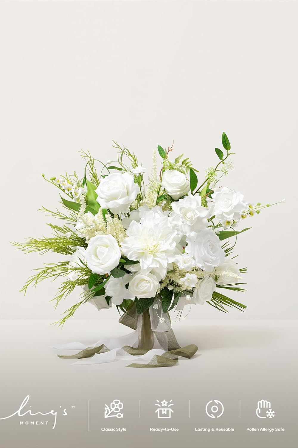 Ling's moment White Wedding Bouquets for Bride, Lily of The Valley Bridal Bouquets for Bride, 15 Inch Free Form Artificial Wedding Flower Bouquet