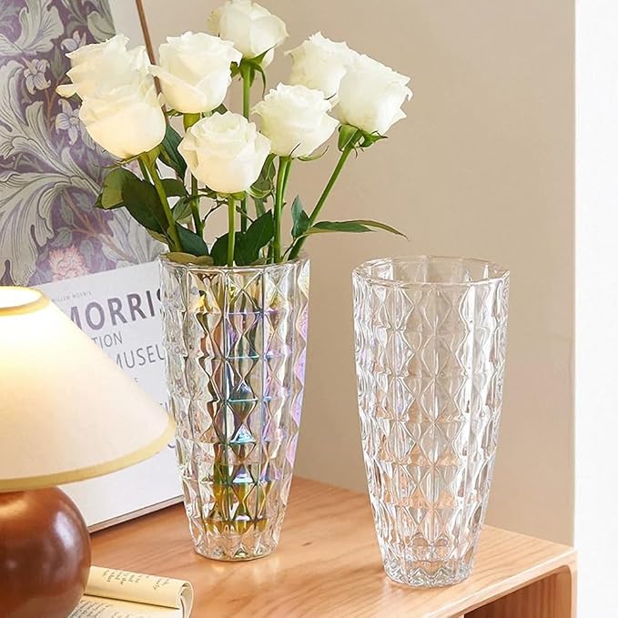 Unique Diamond-Shaped Colorful Glass Flower Vase 11.8" Tall for Home Decor, Dining Wedding Table Office Holiday Party Centerpiece Decoration.