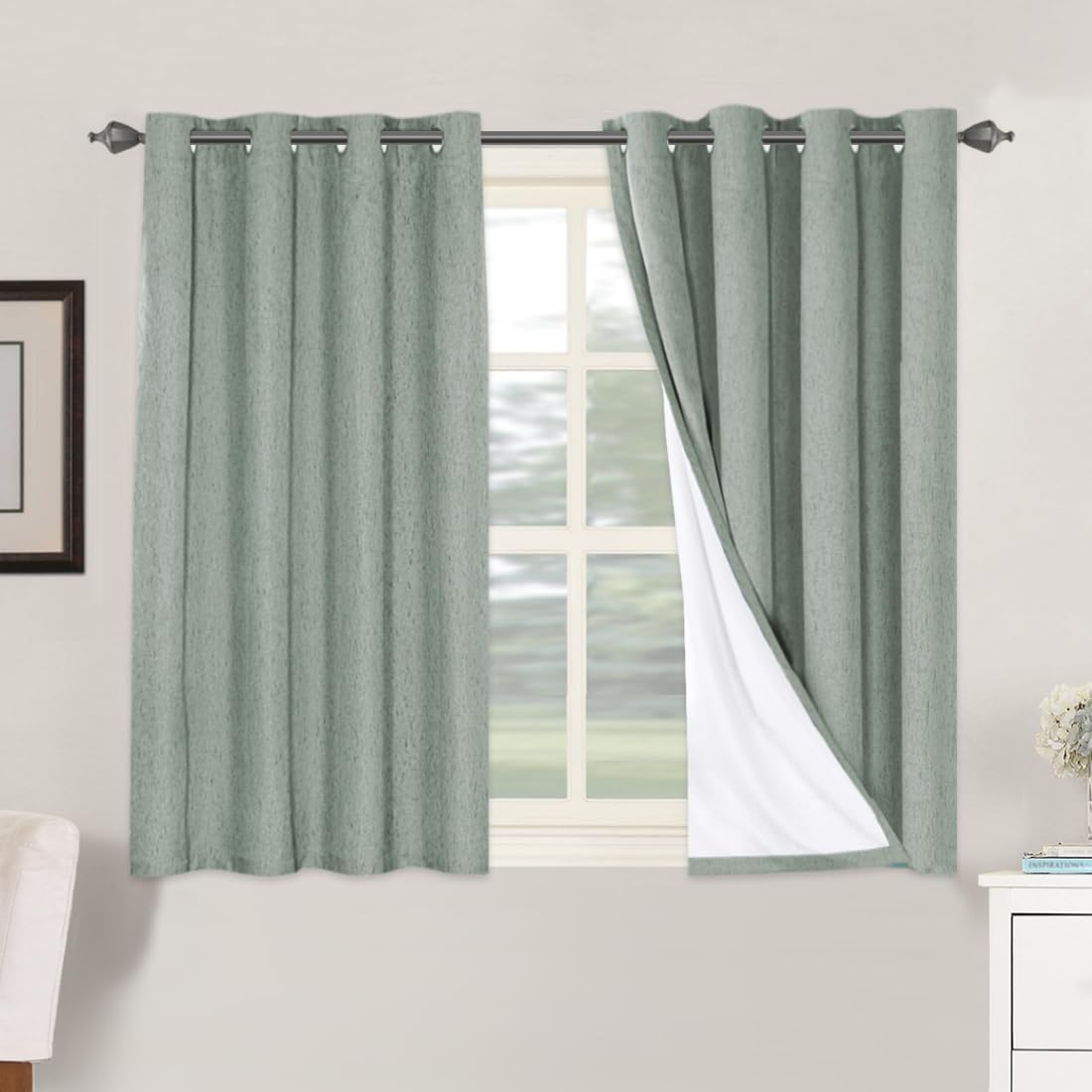 H.VERSAILTEX 100% Blackout Curtains for Bedroom Thermal Insulated Linen Textured Curtains Heat and Full Light Blocking Drapes Living Room Curtains 2 Panel Sets, Green Bay, 52x45 Inch