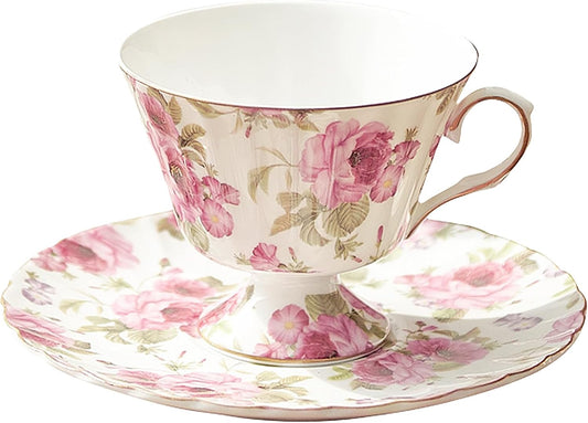 fanquare Rose Tea Cup and Saucer, Vintage Ceramic Tea Cups for Women Gift, Retro Floral Coffee Cup for Cappuccino Black Tea, 5oz