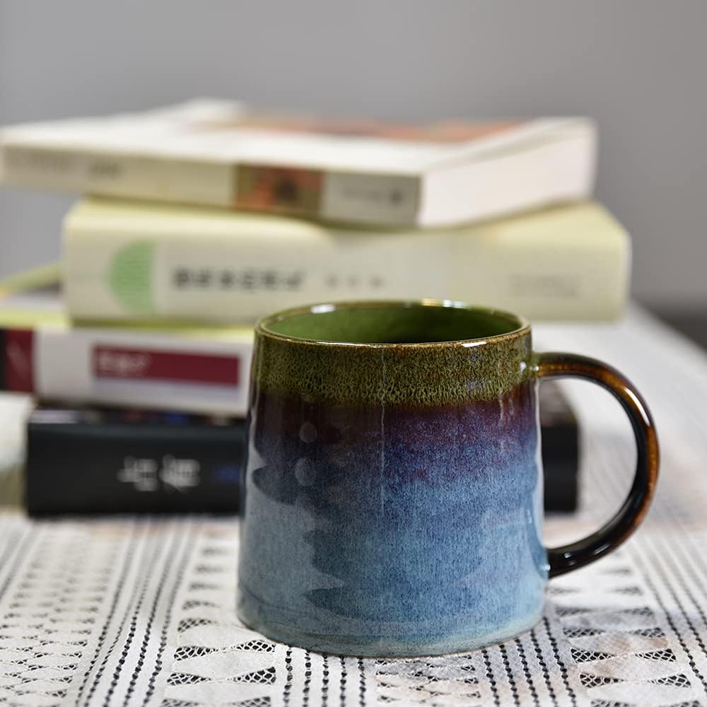 Large Ceramic Coffee Mug, Pottery Mug,Tea Cup for Office and Home,Handmade Pottery Coffee Mugs,16.5 Oz,Dishwasher and Microwave Safe,kiln altered glaze craft (Green)