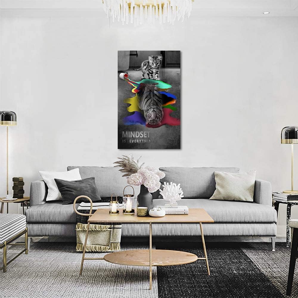 Framed Wall Decor Cute Animals Cat and Tiger Pictures with Inspirational Quotes Mindset Is Everything Motivational Posters Artwork Contemporary Home Decor Large Panel Ready to Hang-28 Wx44 H