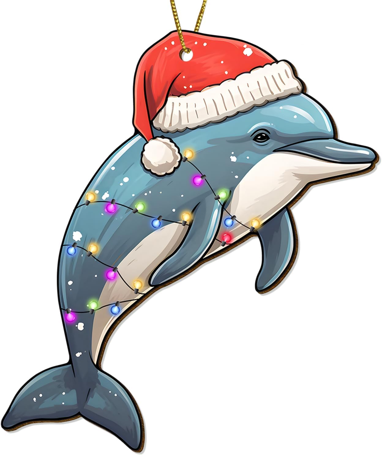 Dolphin Ornament for Christmas Tree Decorations - Dolphin with Santa Hat Hanging Ornament - Marine Life Decorative Gifts - 2 Side Printed Wooden Ornament