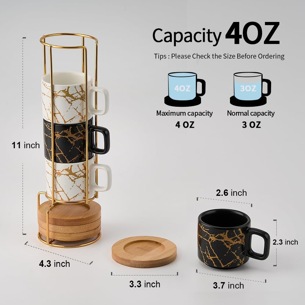 LUKA Porcelain Espresso Cup with Saucer and Metal Stand, 4 Ounce Stackable Ceramic Demitasse Espresso Mugs Cups Set for Latte, Specialty Coffee Drinks, Cafe Mocha - Set of 4, White & Black