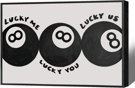 Lucky Me Lucky You Lucky Us Quote Cool Canvas Wall Art Vintage Black 8 Balls Poster Playful Billiards Print Paintings Trendy Aesthetic Pictures Decor for Game Room Bar Cart 24x36inch Metal Black Frame