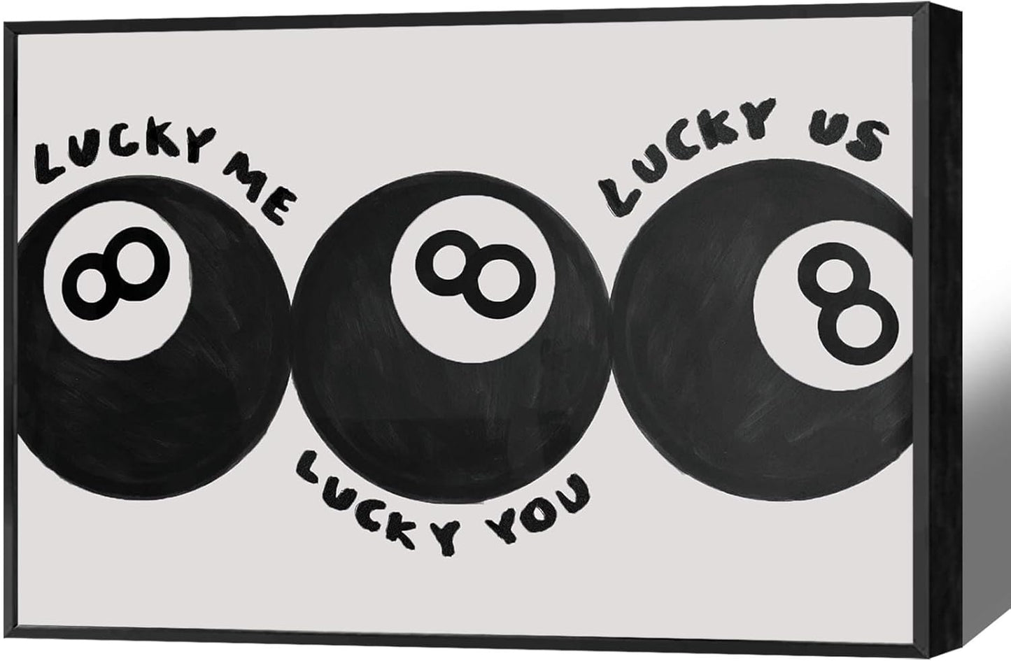 Lucky Me Lucky You Lucky Us Quote Cool Canvas Wall Art Vintage Black 8 Balls Poster Playful Billiards Print Paintings Trendy Aesthetic Pictures Decor for Game Room Bar Cart 16x24inch Metal Black Frame