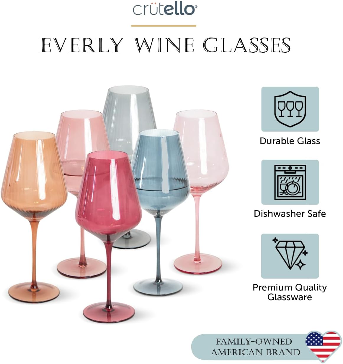 Crutello Modern Colored Wine Glasses 16 oz Glassware - Colorful Glasses Set of 6, Unique Fluted Colored Glassware with Ribbed Texture, Art Deco Red & Fancy White Wine Glass