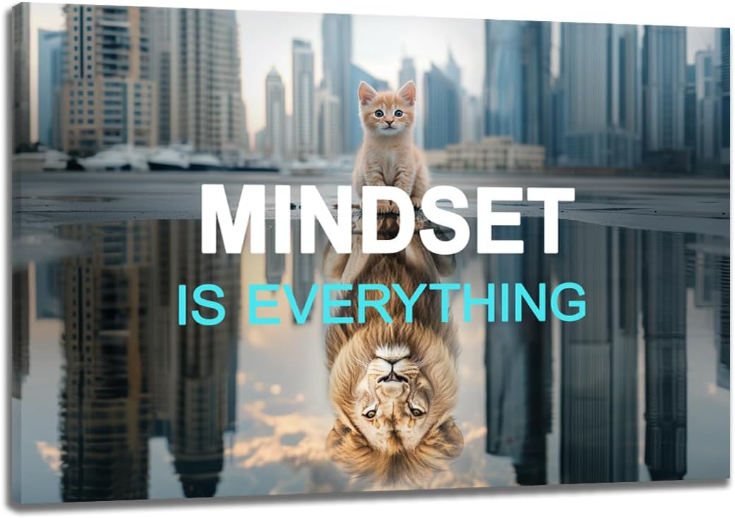 GoForArt Inspirational Canvas Wall Art, Mindset Is Everything Motivational Office Bedroom Poster Print, Animal Lion And Cat Picture Modern Positive Dorm Room Wall Decor