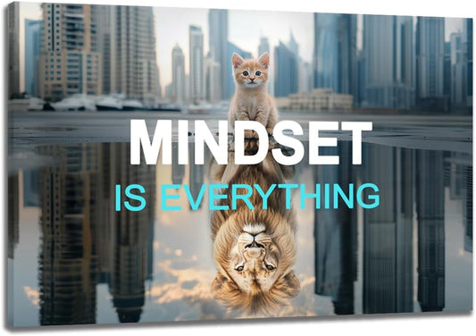 GoForArt Inspirational Canvas Wall Art, Mindset Is Everything Motivational Office Bedroom Poster Print, Animal Lion And Cat Picture Modern Positive Dorm Room Wall Decor