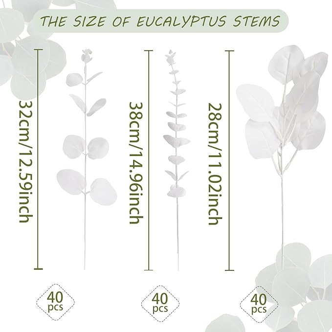 120 Pcs Artificial Eucalyptus Leaves Stems Bulk – 3 Styles Mixed Faux Silver Dollar Eucalyptus Leaves, DIY Fake White Stems for Wedding Bouquets, Floral Arrangements, Centerpieces & Home Decor