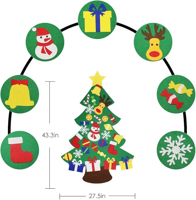 3.2 Ft Felt Christmas Tree for Toddlers with 30 Detachable Christmas Ornaments, Xmas Gifts, Door Wall Hanging Decorations