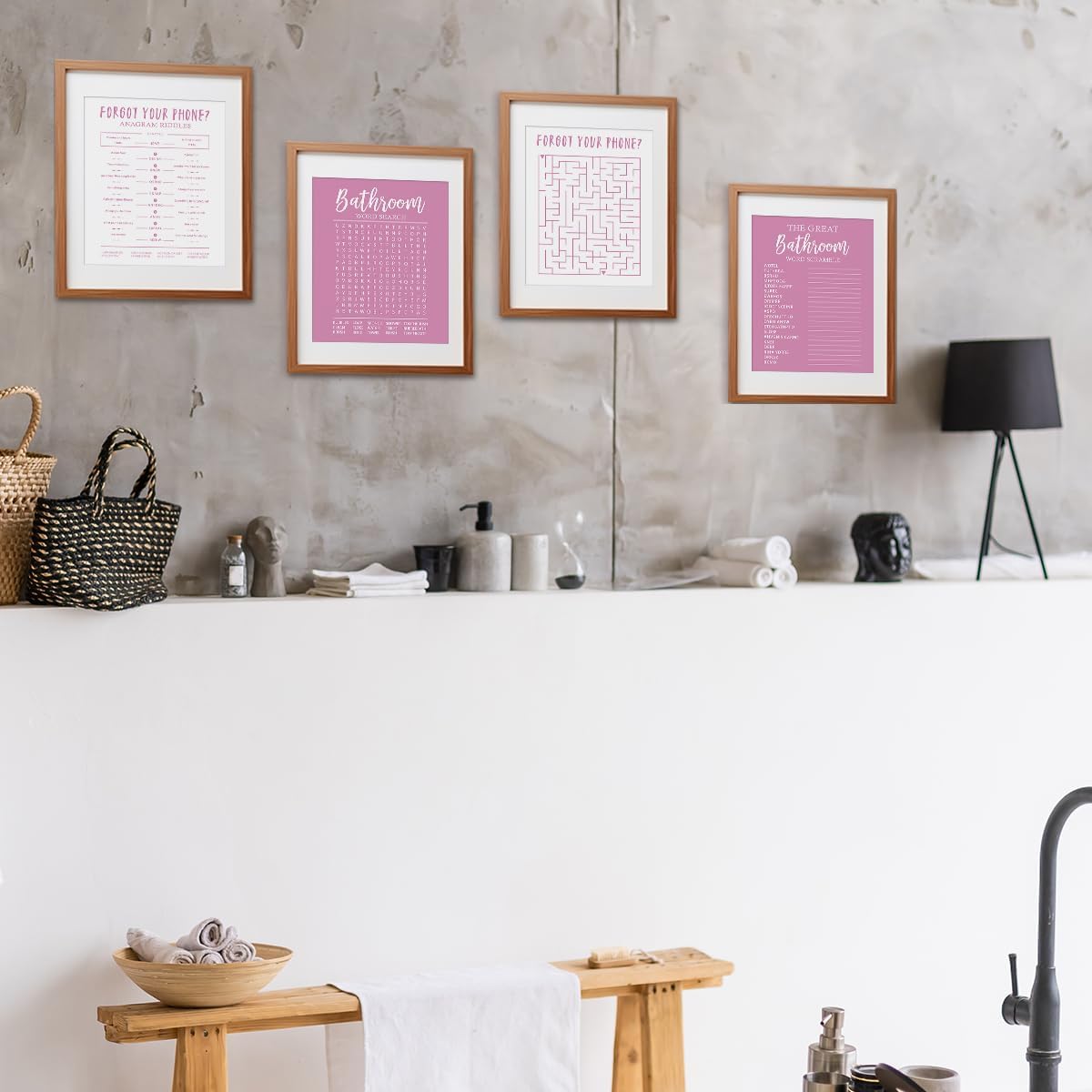 ETVISO Funny Pink Bathroom Decor Wall Art Set of 4, Funny Crossword Puzzle Wall Art, Funny Forget Your Phone, Bathroom Word Search Wall Decor, 8x10 (Unframed)