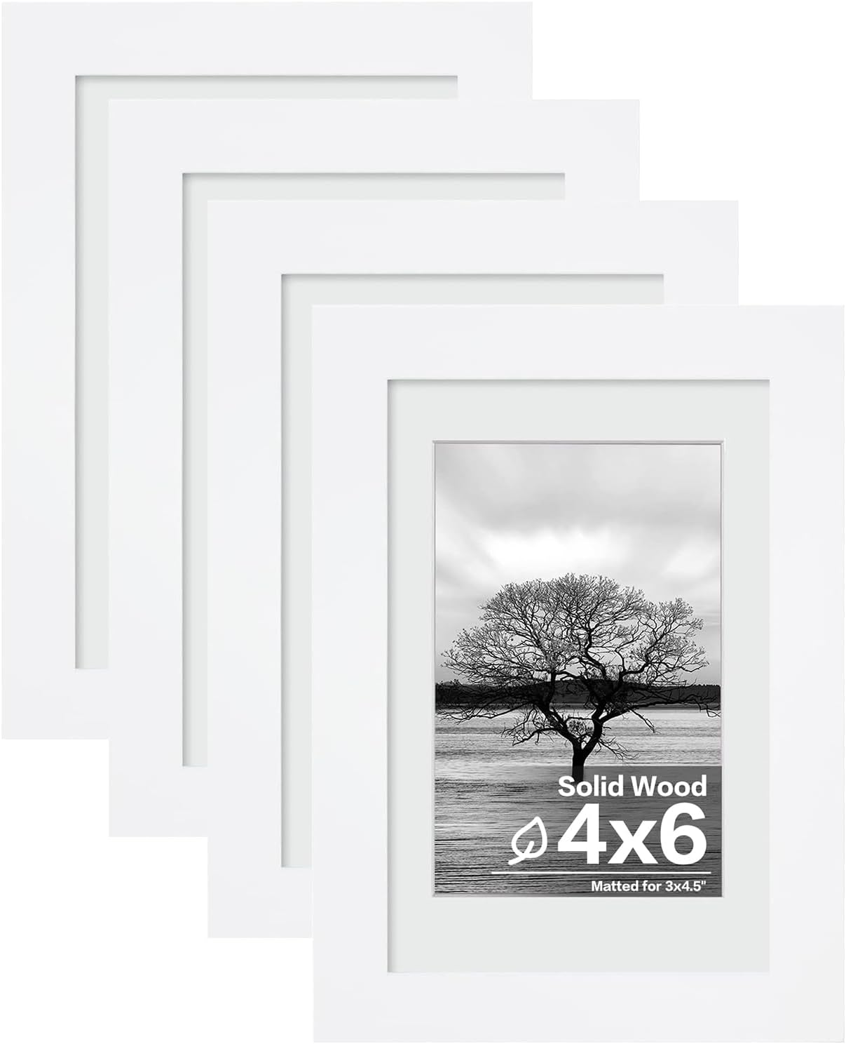Egofine 4x6 Picture Frames Set of 4, Made of Solid Wood Covered by Plexiglass 3.5x5 with Mat or 4x6 without Mat, for Table Top Display and Wall Mounting Photo Frame White