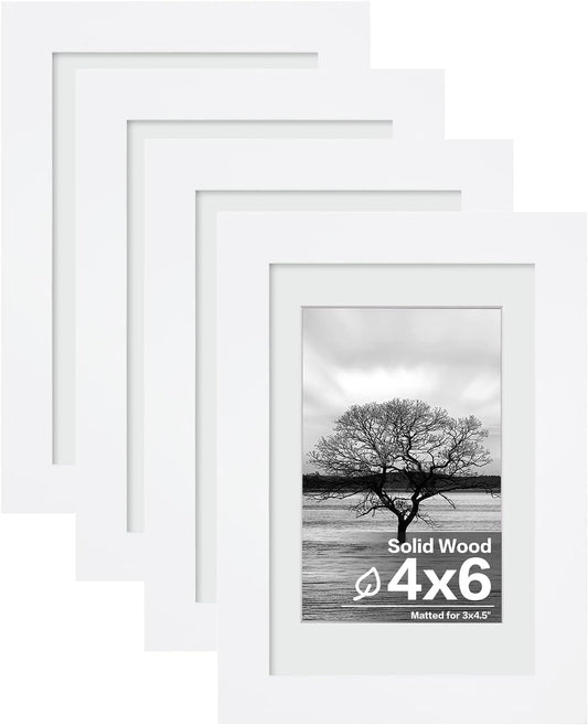 Egofine 4x6 Picture Frames Set of 4, Made of Solid Wood Covered by Plexiglass 3.5x5 with Mat or 4x6 without Mat, for Table Top Display and Wall Mounting Photo Frame White
