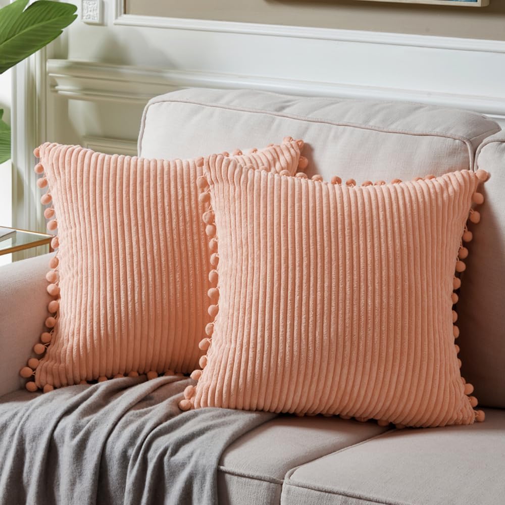 Fancy Homi Pack of 2 Peach Decorative Throw Pillow Covers 16x16 Inch with Pom-poms for Couch Bed Bedroom, Farmhouse Boho Home Decor, Soft Corduroy Solid Square Cushion Case 40x40 cm