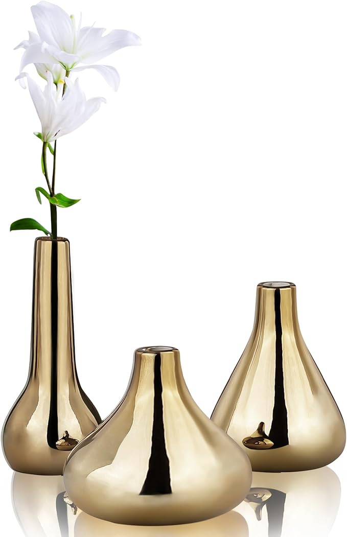 Port&Petal Brass Vases (Set of 3) - Small Bud Vases 3.5-5" Tall With Reflective Finish | Home Accent for Living Room, Table Decor, Wedding Centerpiece