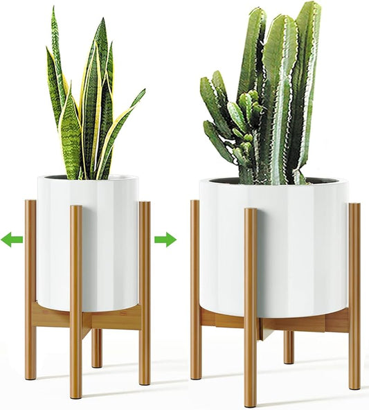 MUDEELA 14.5 Inch Tall Plant Stand for Indoor, Adjustable Width Bamboo Plant Stand for 8 9 10 11 12 Inches Pot, Single Tier Planter Holder Floor Stand, Mid Century Modern Style, Light Brown, Without Pot