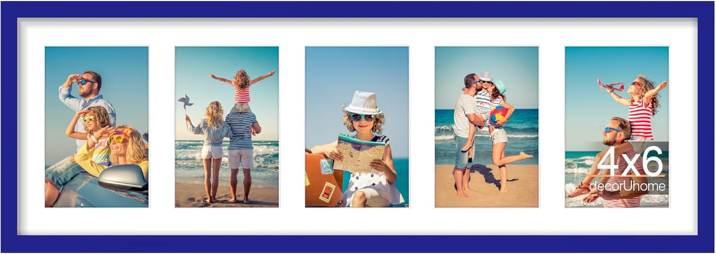 decorUhome 8x24 Picture Frames Collage Wall Decor, Display 5Pcs 4x6 Photos with Mat or 1Pcs 8x24 Unmatted, 5 4x6 Collage Picture Frames for Wall Mounting, Royal Blue