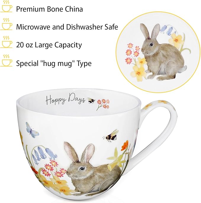 20 oz Rabbit Coffee Hug Mug, Spring Flowers & "Happy Days" Slogan, Premium Bone China Cute Bunny Mug, Perfect Holiday and Birthday Gift for Women, Designed in England by Harvest Green Studio