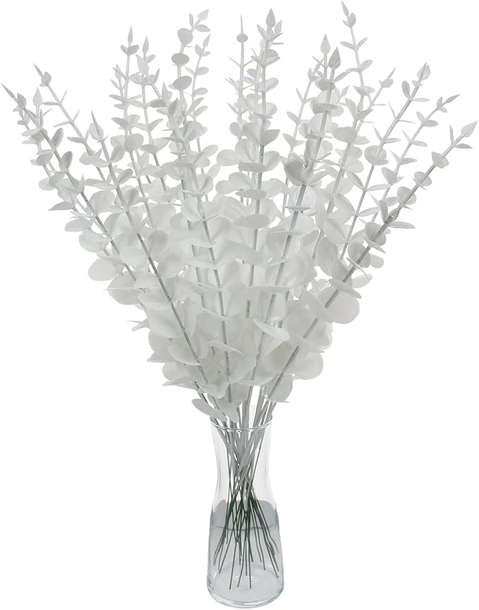 Tinsow 26 Pcs Artificial Eucalyptus Stem Bulk Faux Eucalyptuses Real Touch Leaf Wedding Bouquet Centerpiece Home Decor (White, 26)