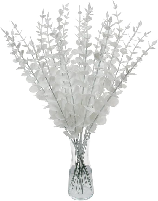 Tinsow 26 Pcs Artificial Eucalyptus Stem Bulk Faux Eucalyptuses Real Touch Leaf Wedding Bouquet Centerpiece Home Decor (White, 26)