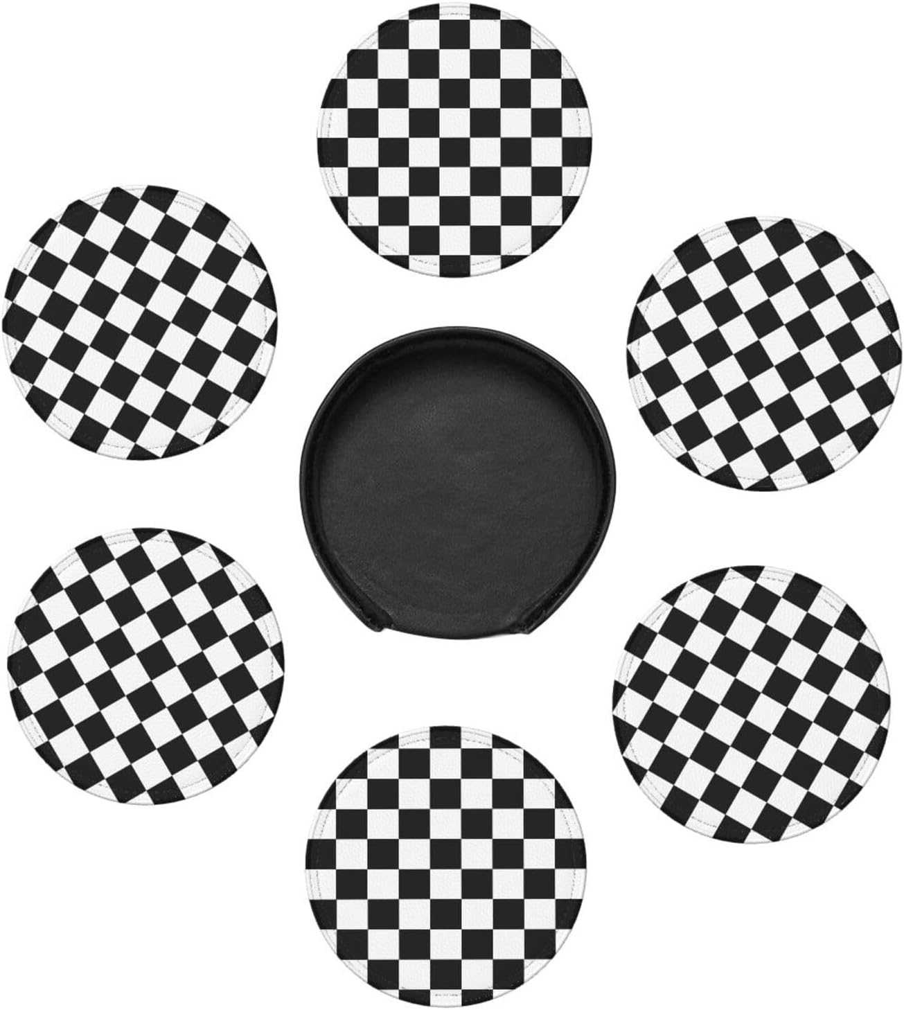 Drink Coasters with Holder Stand Set of 6 Black and White Checkerboard Pu Leather Absorbent Coasters with Cork Base Table Round Coaster for Housewarming Apartment Kitchen Bar Decor
