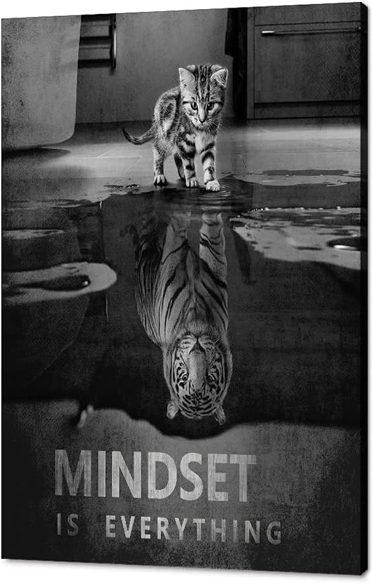Inspirational Wall Art Pictures Big Tiger and Small Cat Canvas Painting Mindset is Everything Motivational Print and Poster Artwork Home Decor for Bar Study Room Office Framed Easy to Hang-24¡±Wx36¡±H