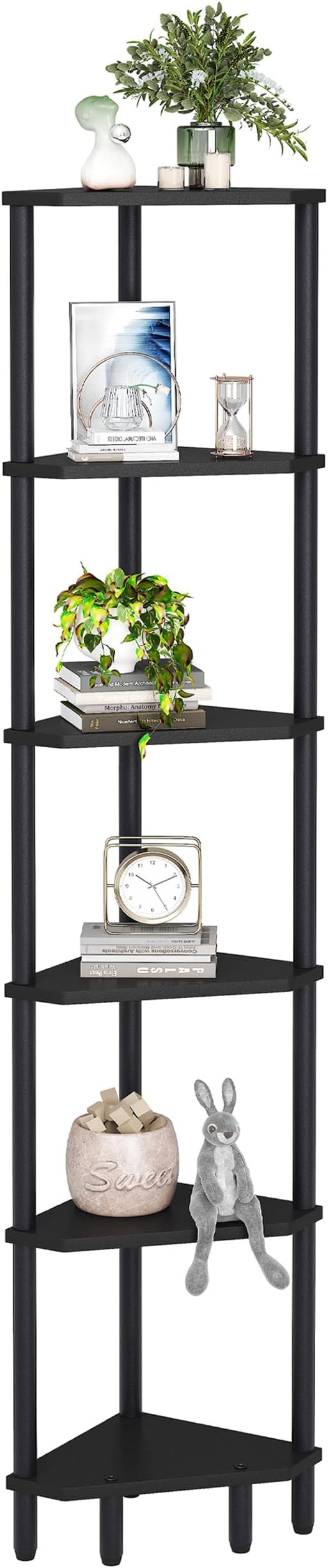 6 Tier Corner Shelf, 66.5'' Tall Standing Shelf, Narrow Display Shelf Stand, Modern Corner Bookshelf, Plant Stand, Corner Bookcase for Living Room, Bedroom, Bathroom, Black LCS502B