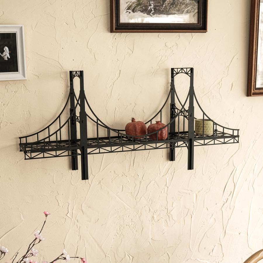 Metal Bridge Shelf – Iron Floating Shelf for Wall or Desk Use – Decorative Storage Rack for Books, Plants & Home Decor – Wall-Mounted or Tabletop Display (Warsaw Black)