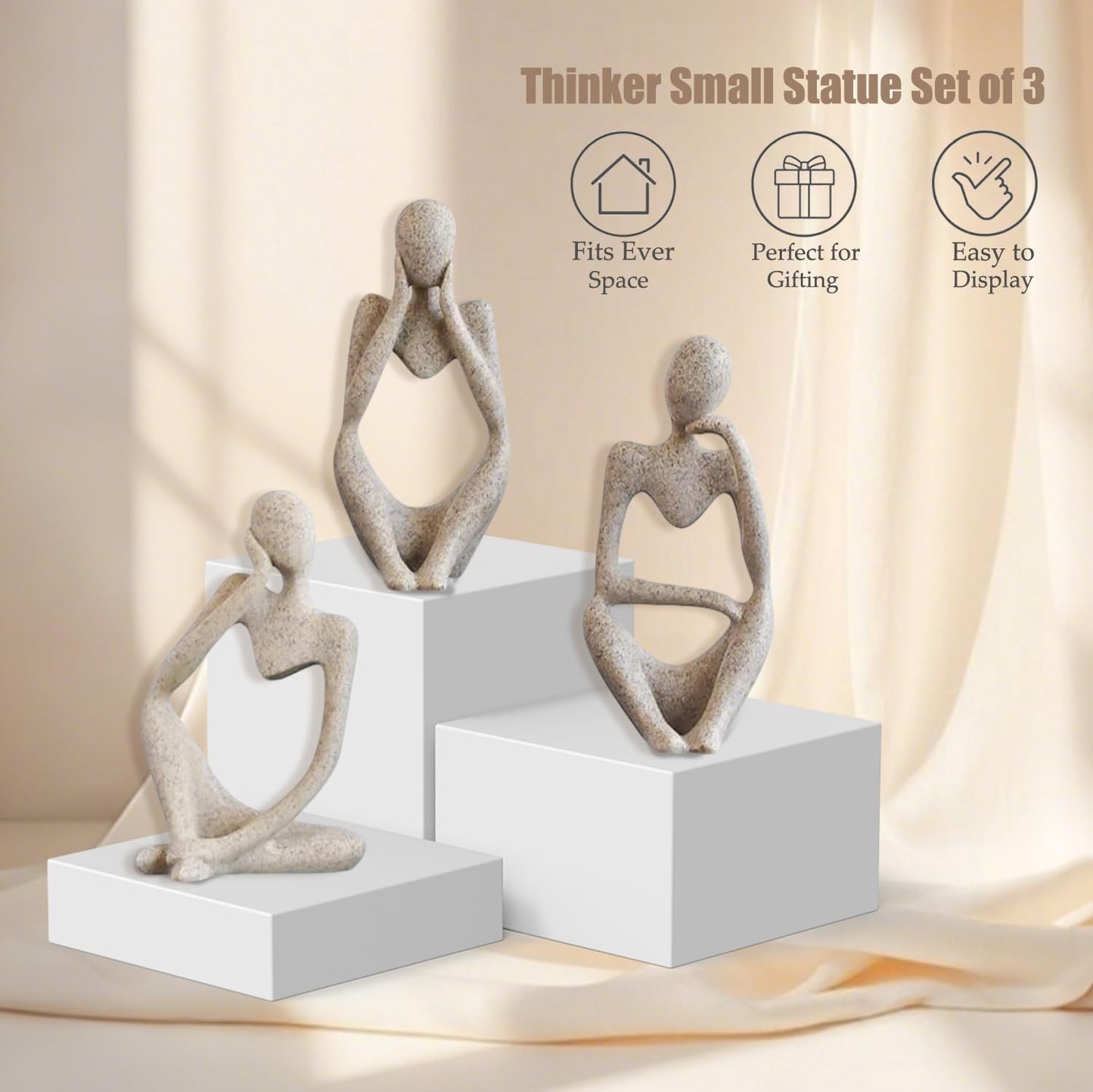 Mingzhang 3pcs Thinker Statue Abstract Art Thinker Figurines Beige Home Decor for Living Room, Office, Coffee Table, Bookshelf Decoration, Housewarming Gifts