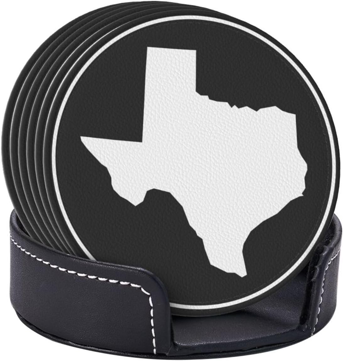 Black and White Texas Flag Leather Drink Coasters Set of 6 with Holder Round Cup Coaster for Table Decor