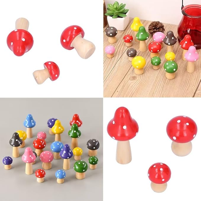 3Pcs Mushroom Decor Wooden Mini Figures Fairy Garden Accessories 2.9in 1.8in 1.2in Cute Miniature Mushrooms Home Decor for Bedroom Office Bonsai Fairy Garden Red